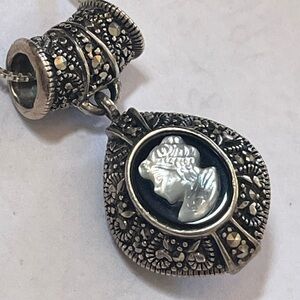 Puffy Cameo Carved Marialite Onyx Sterling Necklace Reversible Marcasites Gift